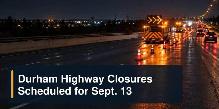 Nighttime highway lane closure with the headline Durham Highway Closures Scheduled for Sept. 13