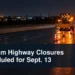 Nighttime highway lane closure with the headline Durham Highway Closures Scheduled for Sept. 13