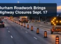 Organized Durham highway work zone with the headline Durham Roadwork Brings Highway Closures Sept. 17