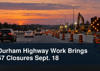 Managed highway work zone with the headline Durham Highway Work Brings 57 Closures Sept. 18