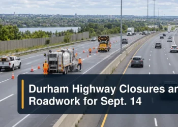 Daytime highway work zone with the headline Durham Highway Closures and Roadwork for Sept. 14