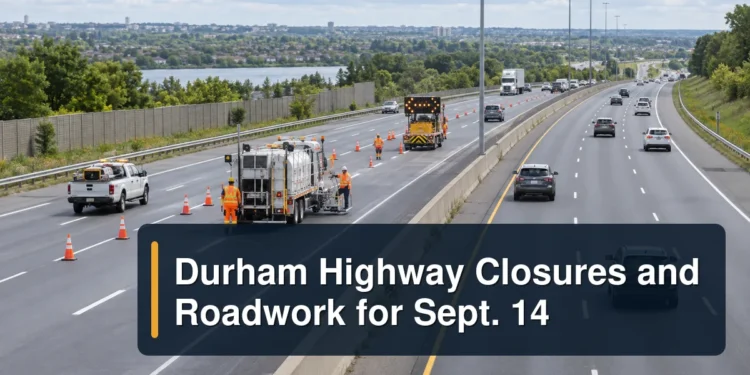 Daytime highway work zone with the headline Durham Highway Closures and Roadwork for Sept. 14