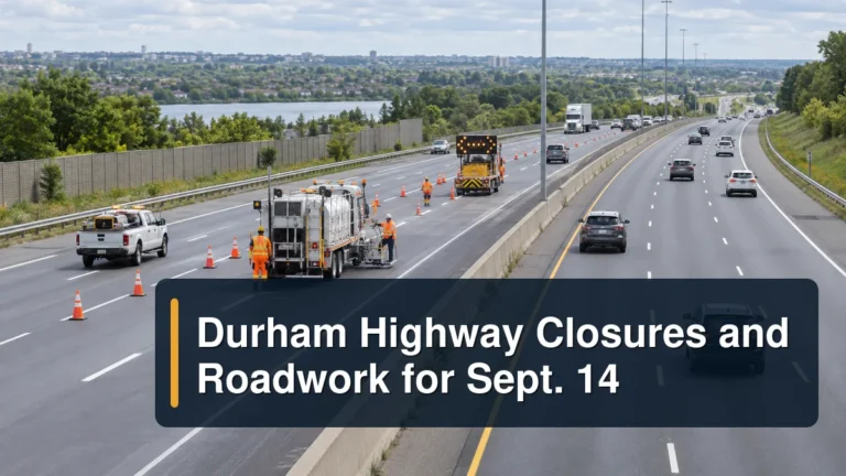 Daytime highway work zone with the headline Durham Highway Closures and Roadwork for Sept. 14