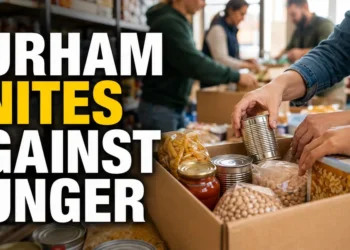 Volunteers sorting food donations for Durham Hunger Action Month