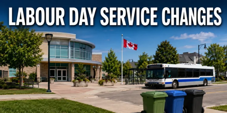 A Durham civic building, transit bus and curbside bins representing Labour Day service changes