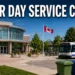 A Durham civic building, transit bus and curbside bins representing Labour Day service changes