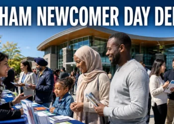 Families meeting community organizations at the first Durham Newcomer Day
