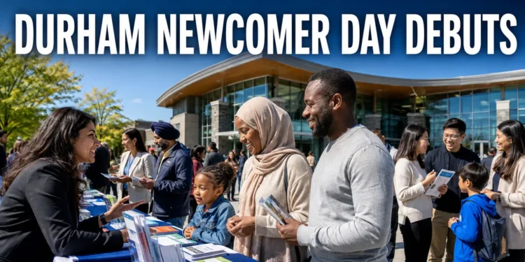Families meeting community organizations at the first Durham Newcomer Day