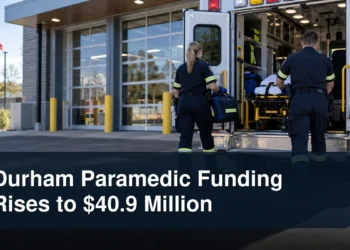 Paramedics preparing an ambulance with the headline Durham Paramedic Funding Rises to $40.9 Million