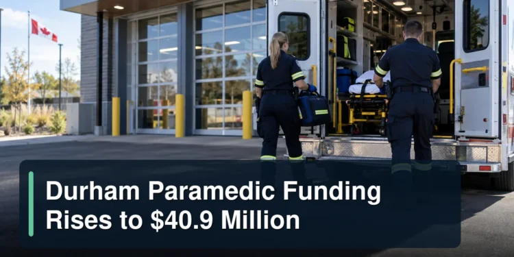 Paramedics preparing an ambulance with the headline Durham Paramedic Funding Rises to $40.9 Million