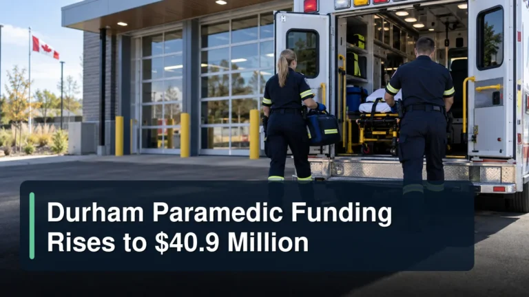 Paramedics preparing an ambulance with the headline Durham Paramedic Funding Rises to $40.9 Million