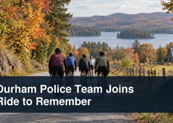 Durham Police Team Joins Ride to Remember Group cycling on a rural road with the headline Durham Police Team Joins Ride to Remember