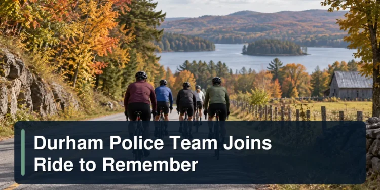 Durham Police Team Joins Ride to Remember Group cycling on a rural road with the headline Durham Police Team Joins Ride to Remember