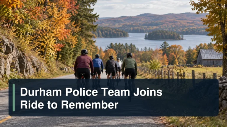 Group cycling on a rural road with the headline Durham Police Team Joins Ride to Remember