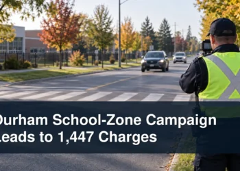 Traffic officer monitors vehicles near a school crosswalk with the headline Durham School-Zone Campaign Leads to 1,447 Charges