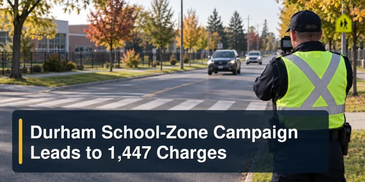 Traffic officer monitors vehicles near a school crosswalk with the headline Durham School-Zone Campaign Leads to 1,447 Charges