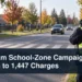 Traffic officer monitors vehicles near a school crosswalk with the headline Durham School-Zone Campaign Leads to 1,447 Charges