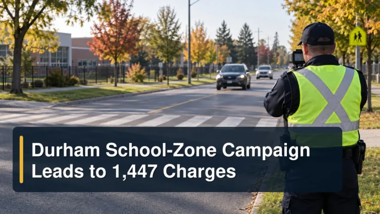 Traffic officer monitors vehicles near a school crosswalk with the headline Durham School-Zone Campaign Leads to 1,447 Charges
