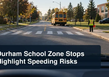 Driver view of a school zone with the headline Durham School Zone Stops Highlight Speeding Risks