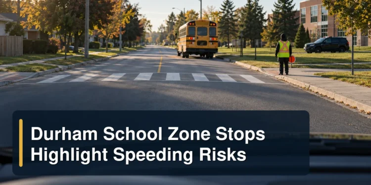 Durham School Zone Stops Highlight Speeding Risks Driver view of a school zone with the headline Durham School Zone Stops Highlight Speeding Risks