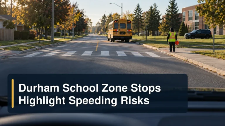 Driver view of a school zone with the headline Durham School Zone Stops Highlight Speeding Risks