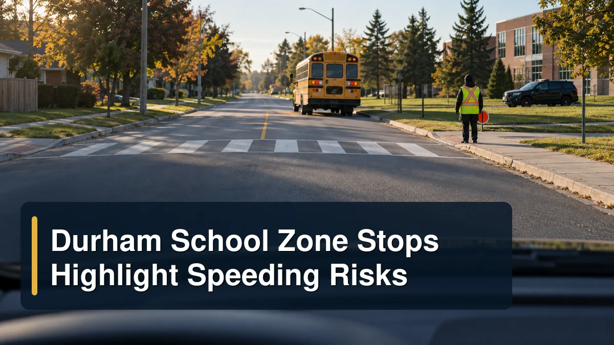 Driver view of a school zone with the headline Durham School Zone Stops Highlight Speeding Risks