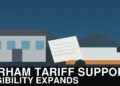 Illustration of a Durham business, delivery truck and financing document representing expanded tariff support
