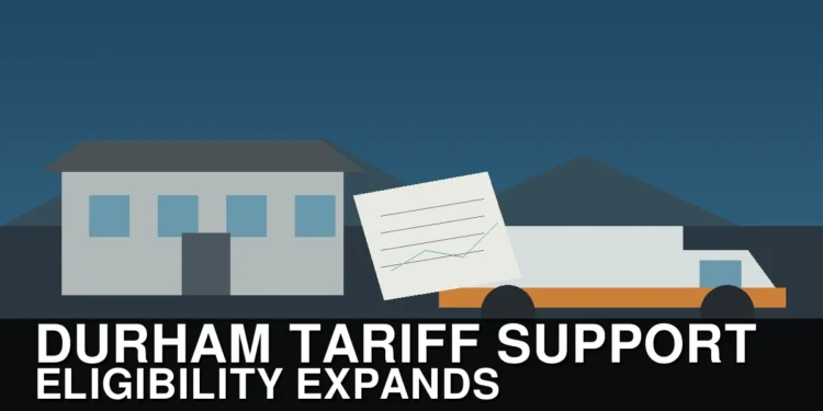 Illustration of a Durham business, delivery truck and financing document representing expanded tariff support
