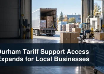 Durham manufacturing and shipping scene with the headline Durham Tariff Support Access Expands for Local Businesses