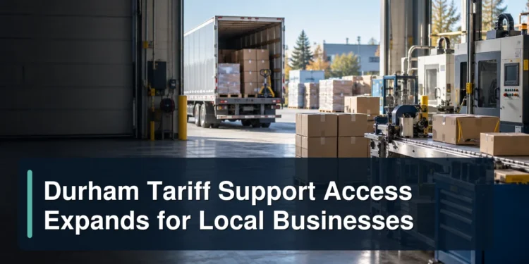 Durham manufacturing and shipping scene with the headline Durham Tariff Support Access Expands for Local Businesses