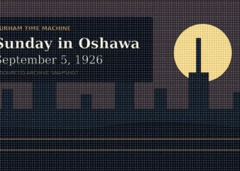 Original illustration of an Oshawa streetscape with church steeples at sunrise for September 5, 1926
