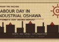 Original illustration of factories and a gear for an Oshawa Labour Day archive snapshot dated September 6, 1926