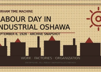 Original illustration of factories and a gear for an Oshawa Labour Day archive snapshot dated September 6, 1926