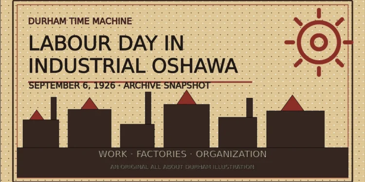 Original illustration of factories and a gear for an Oshawa Labour Day archive snapshot dated September 6, 1926