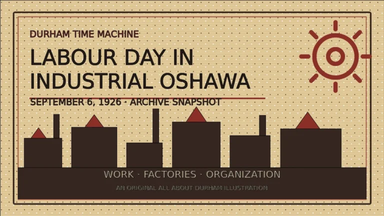 Original illustration of factories and a gear for an Oshawa Labour Day archive snapshot dated September 6, 1926
