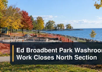 Waterfront park washroom construction with the headline Ed Broadbent Park Washroom Work Closes North Section