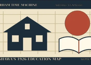 Original illustration of a schoolhouse, open book and street grid for Oshawa’s September 7, 1926 archive snapshot