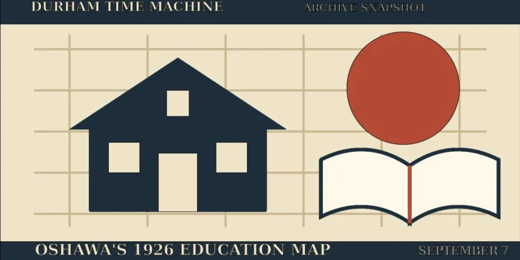 Original illustration of a schoolhouse, open book and street grid for Oshawa’s September 7, 1926 archive snapshot