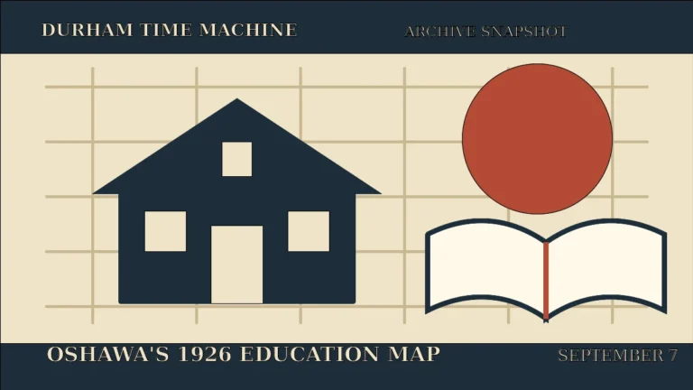 Original illustration of a schoolhouse, open book and street grid for Oshawa’s September 7, 1926 archive snapshot