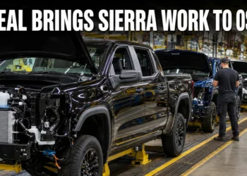 Pickup trucks moving through an auto assembly line representing new GM Oshawa Sierra production