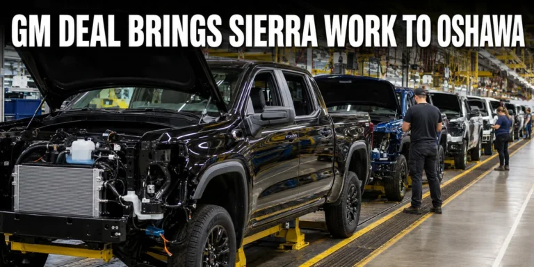 Pickup trucks moving through an auto assembly line representing new GM Oshawa Sierra production