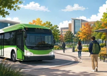 Conceptual illustration of a green transit bus arriving at a university campus