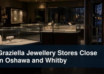 Darkened jewellery store with empty display cases under the headline Graziella Jewellery Stores Close in Oshawa and Whitby