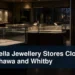 Darkened jewellery store with empty display cases under the headline Graziella Jewellery Stores Close in Oshawa and Whitby