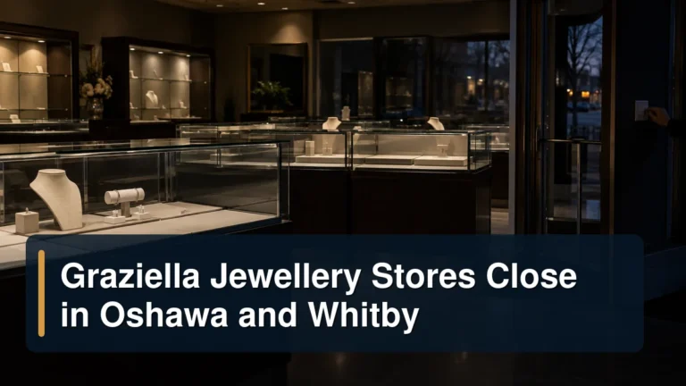Darkened jewellery store with empty display cases under the headline Graziella Jewellery Stores Close in Oshawa and Whitby