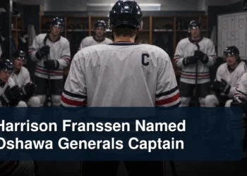Generic junior hockey captain addressing teammates with the headline Harrison Franssen Named Oshawa Generals Captain