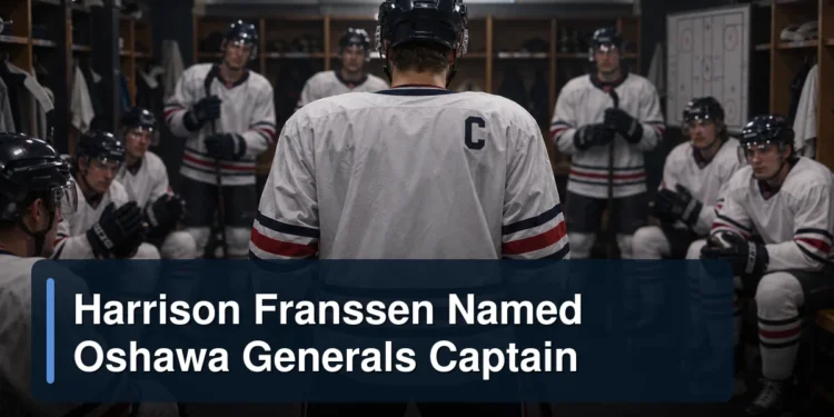 Generic junior hockey captain addressing teammates with the headline Harrison Franssen Named Oshawa Generals Captain