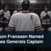 Generic junior hockey captain addressing teammates with the headline Harrison Franssen Named Oshawa Generals Captain