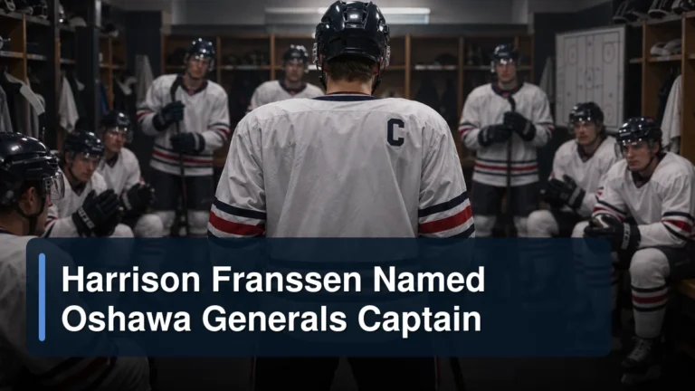 Generic junior hockey captain addressing teammates with the headline Harrison Franssen Named Oshawa Generals Captain