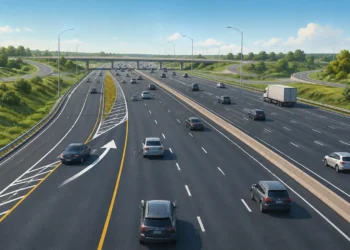 Conceptual illustration of a widened highway corridor with an added westbound lane